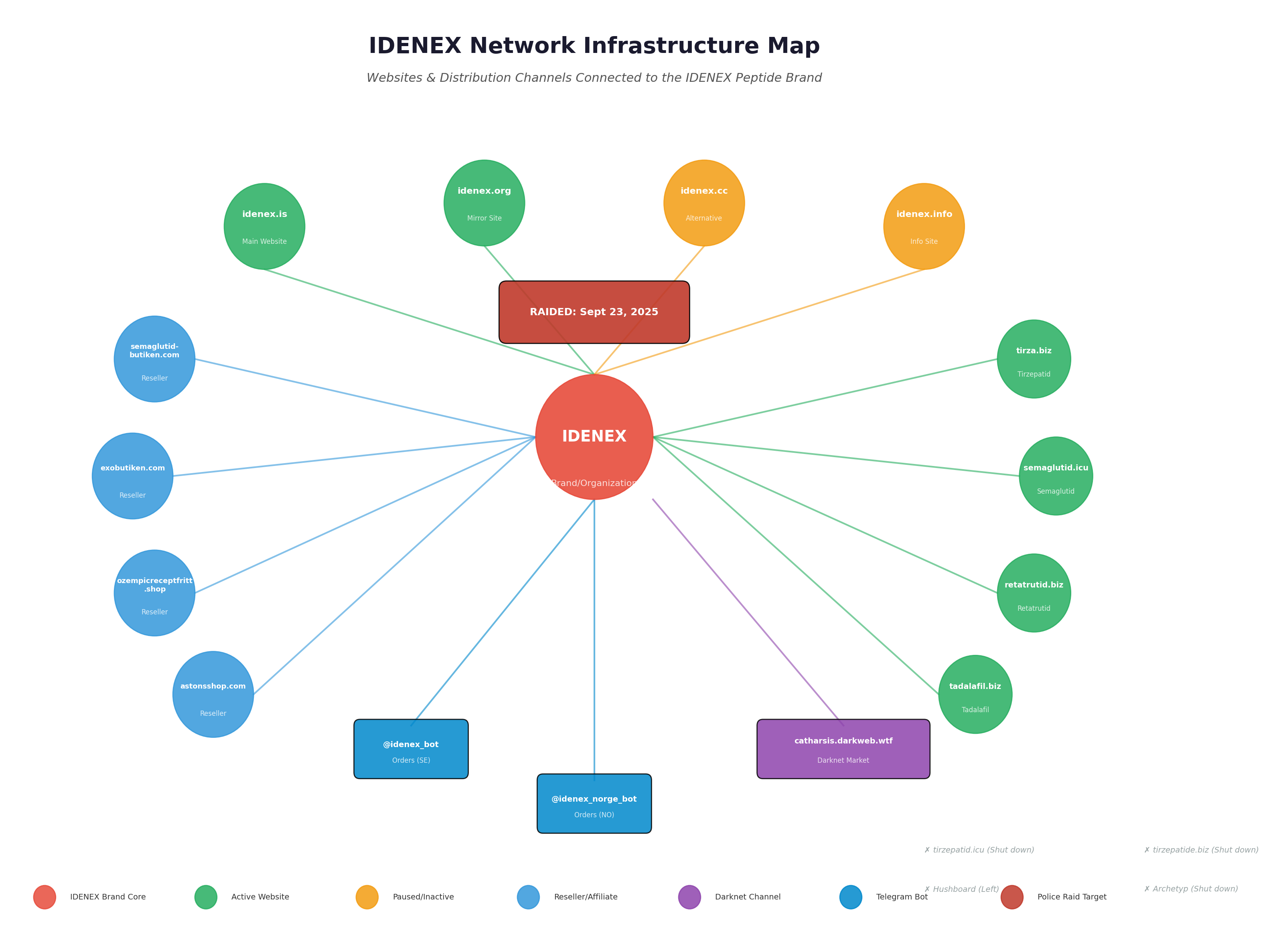 IDENEX nätverkskarta - visar alla kopplade domäner, Telegram-konton och darknet-marknadsplatser som ingick i det kriminella nätverket